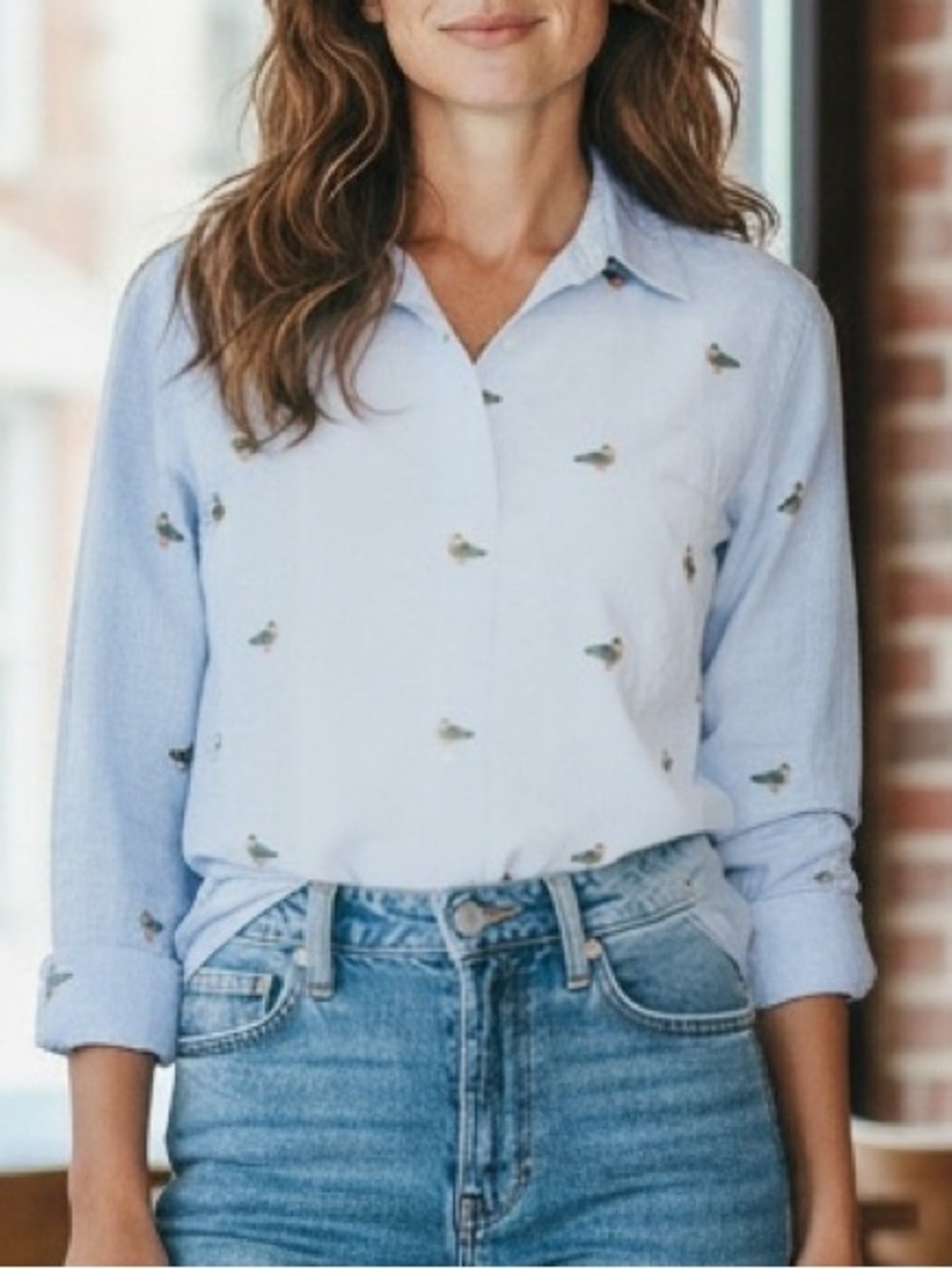 Talbots Light Blue Button-Down Shirt with Bird Embroidery